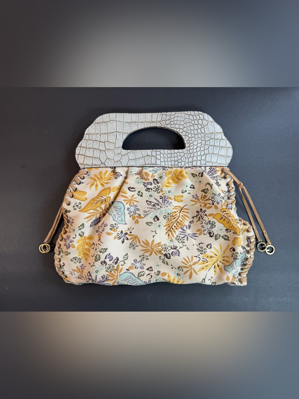 Guess Oasis Floral Canvas Frame Satchel Grommets Studs Y2K Handbag Purse GUC - Picture 5 of 16